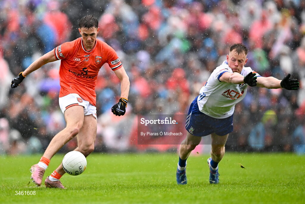 17 May 2026; Darragh McMullan of Armagh in action against Ryan McAnespie of Monaghan during the Ulster GAA Football Senior Championship final match between Armagh and Monaghan at St Tiernach's Park in Clones, Monaghan. Photo by Piaras Ó Mídheach/Sportsfile