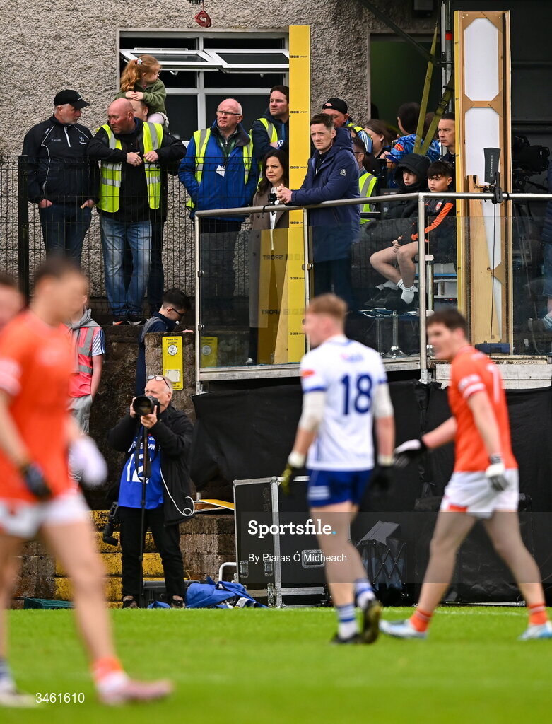 17 May 2026; Conor McManus, former Monaghan footballer and current BBC Sport pundit, looks on from the gantry during the Ulster GAA Football Senior Championship final match between Armagh and Monaghan at St Tiernach's Park in Clones, Monaghan. Photo by Piaras Ó Mídheach/Sportsfile