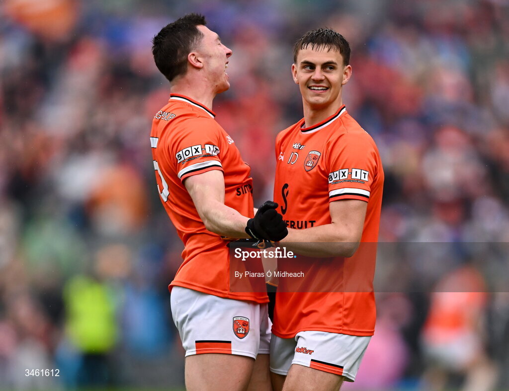 17 May 2026; Armagh players Oisin Conaty, left, and Darragh McMullan celebrate after their side's victory in the Ulster GAA Football Senior Championship final match between Armagh and Monaghan at St Tiernach's Park in Clones, Monaghan. Photo by Piaras Ó Mídheach/Sportsfile