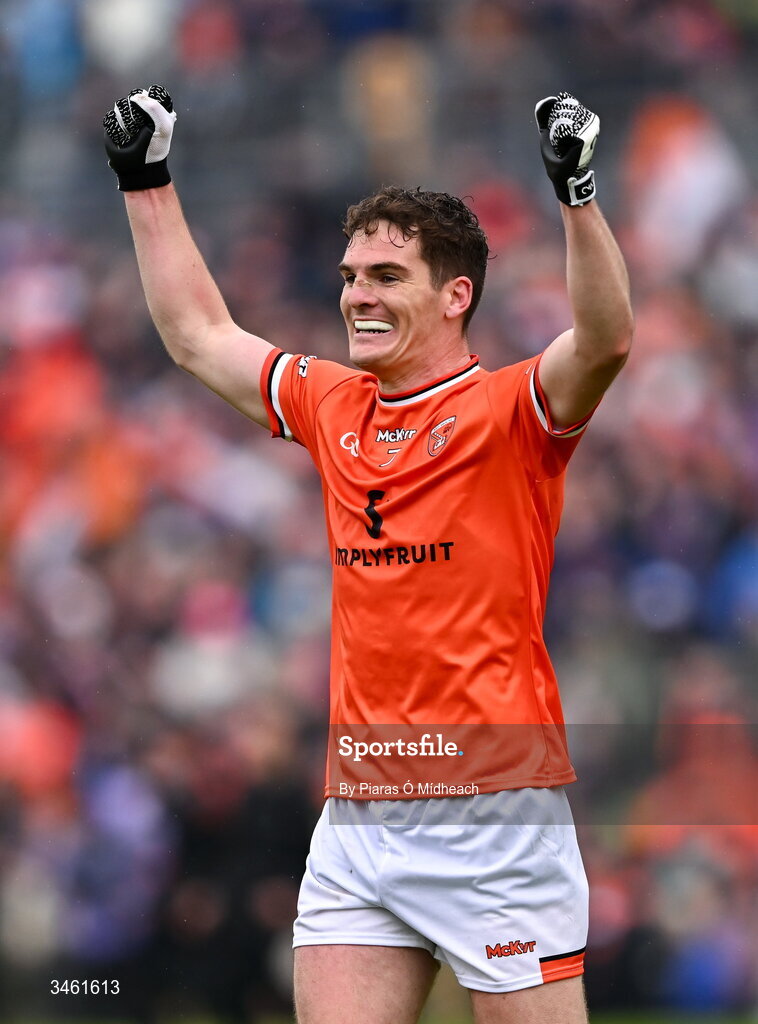 17 May 2026; Jarly Óg Burns of Armagh celebrates after his side's victory in the Ulster GAA Football Senior Championship final match between Armagh and Monaghan at St Tiernach's Park in Clones, Monaghan. Photo by Piaras Ó Mídheach/Sportsfile