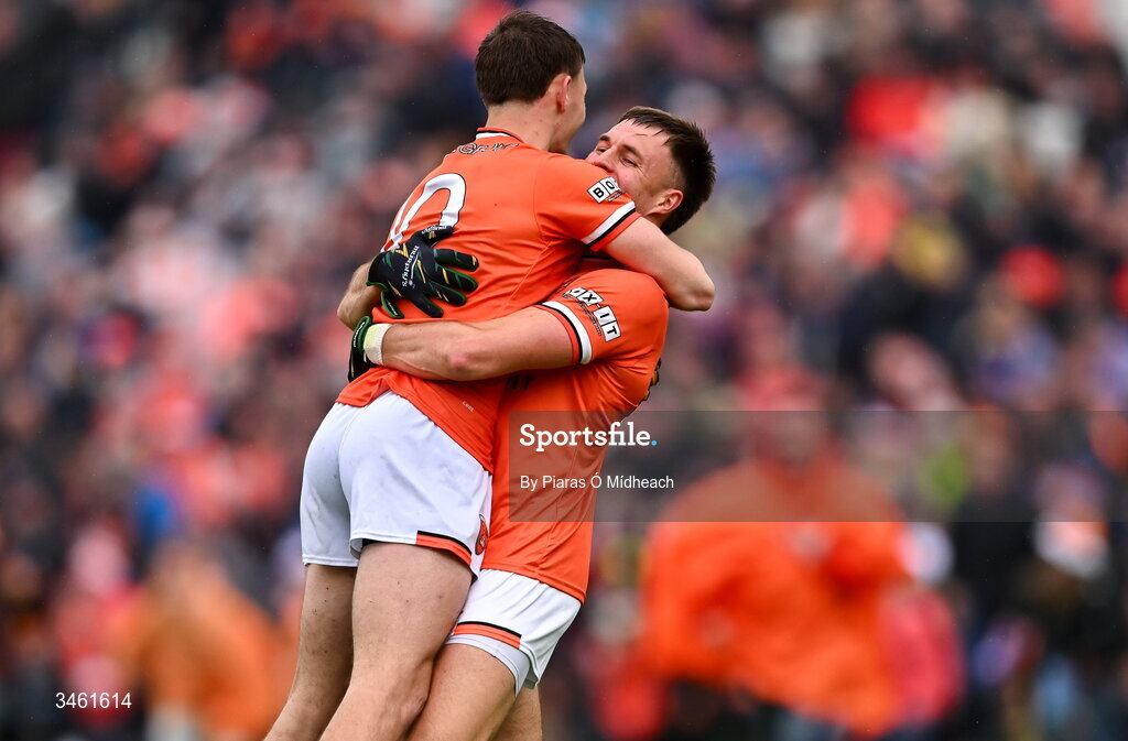 17 May 2026; Armagh players Darragh McMullan, left, and Daniel Magee celebrate after the Ulster GAA Football Senior Championship final match between Armagh and Monaghan at St Tiernach's Park in Clones, Monaghan. Photo by Piaras Ó Mídheach/Sportsfile