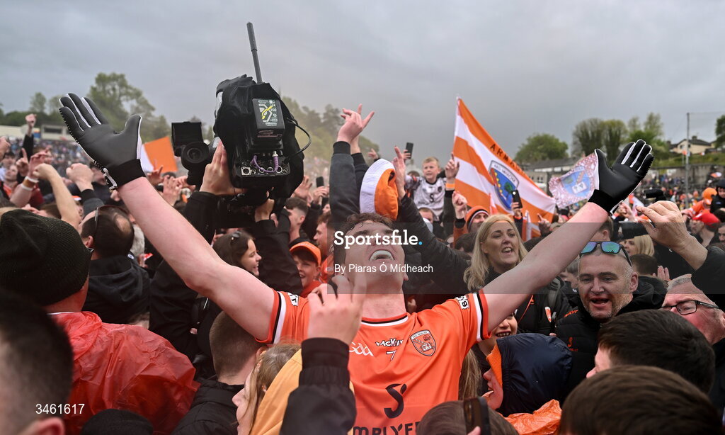 17 May 2026; Jarly Óg Burns of Armagh celebrates after his side's victory in the Ulster GAA Football Senior Championship final match between Armagh and Monaghan at St Tiernach's Park in Clones, Monaghan. Photo by Piaras Ó Mídheach/Sportsfile