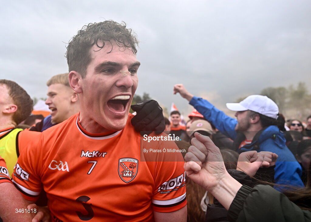 17 May 2026; Jarly Óg Burns of Armagh celebrates after his side's victory in the Ulster GAA Football Senior Championship final match between Armagh and Monaghan at St Tiernach's Park in Clones, Monaghan. Photo by Piaras Ó Mídheach/Sportsfile