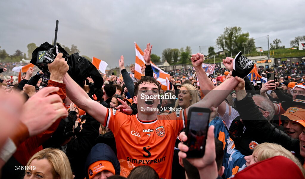 17 May 2026; Jarly Óg Burns of Armagh celebrates after his side's victory in the Ulster GAA Football Senior Championship final match between Armagh and Monaghan at St Tiernach's Park in Clones, Monaghan. Photo by Piaras Ó Mídheach/Sportsfile