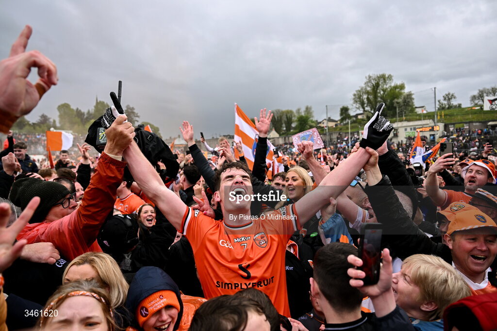 17 May 2026; Jarly Óg Burns of Armagh celebrates after his side's victory in the Ulster GAA Football Senior Championship final match between Armagh and Monaghan at St Tiernach's Park in Clones, Monaghan. Photo by Piaras Ó Mídheach/Sportsfile