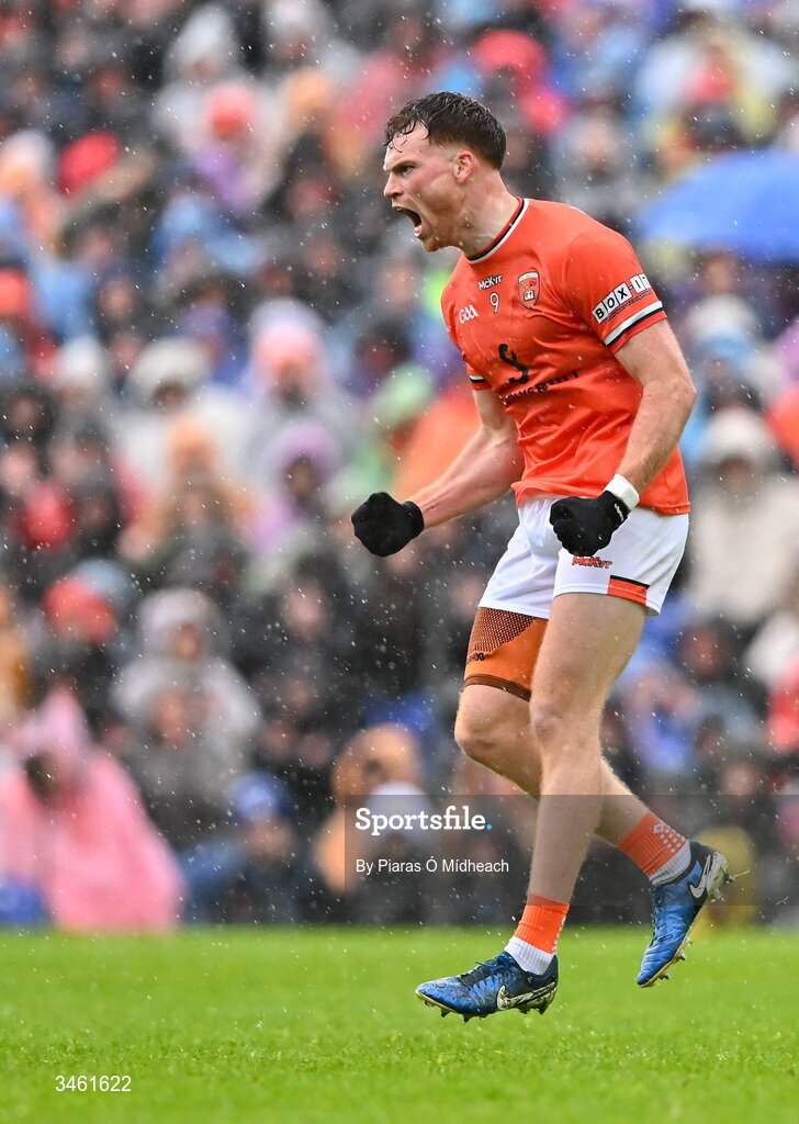17 May 2026; Jason Duffy of Armagh celebrates a score during the Ulster GAA Football Senior Championship final match between Armagh and Monaghan at St Tiernach's Park in Clones, Monaghan. Photo by Piaras Ó Mídheach/Sportsfile
