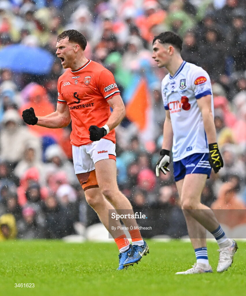 17 May 2026; Jason Duffy of Armagh celebrates a score during the Ulster GAA Football Senior Championship final match between Armagh and Monaghan at St Tiernach's Park in Clones, Monaghan. Photo by Piaras Ó Mídheach/Sportsfile