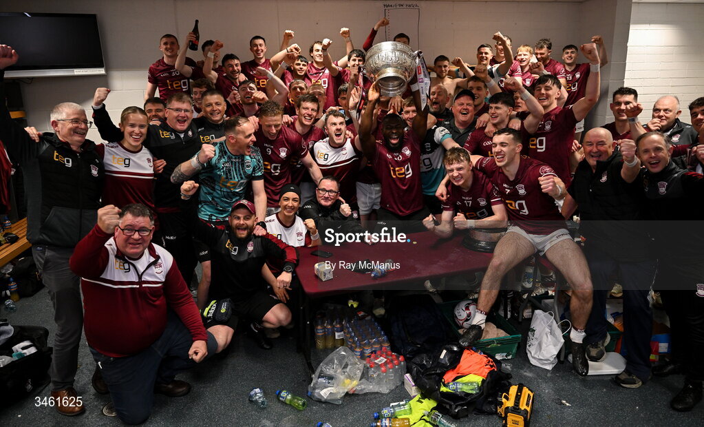 17 May 2026; Westmeath players celebrate with the Delaney Cup in the dressingroom after the Leinster GAA Football Senior Championship final match between Dublin and Westmeath at Croke Park in Dublin. Photo by Ray McManus/Sportsfile