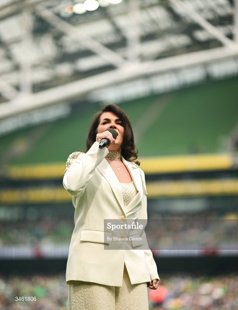 17 May 2026; Vocalist Mimi Lane performs before the Women's 6 Nations Rugby Championship match between Ireland and Scotland at the Aviva Stadium in Dublin. Photo by Shauna Clinton/Sportsfile