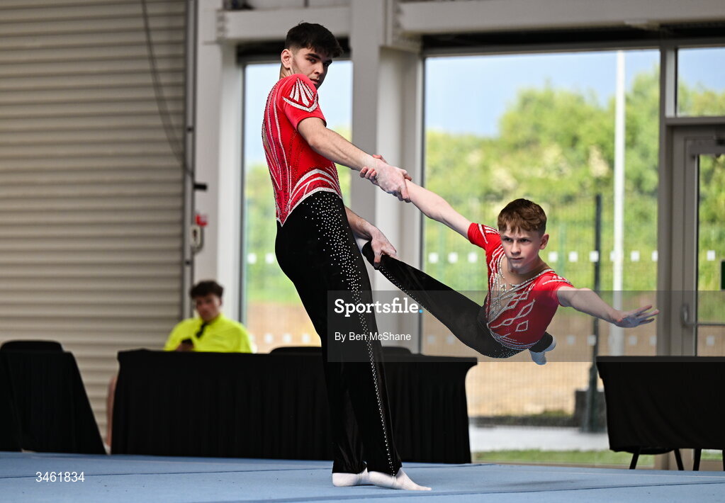 17 May 2026; TJ Fenlon and Aaron Byrne compete in the Artistic Floor event during the Gymnastics Ireland National Series Sport Ireland National Indoor Arena on the Sport Ireland Campus in Dublin. Photo by Ben McShane/Sportsfile