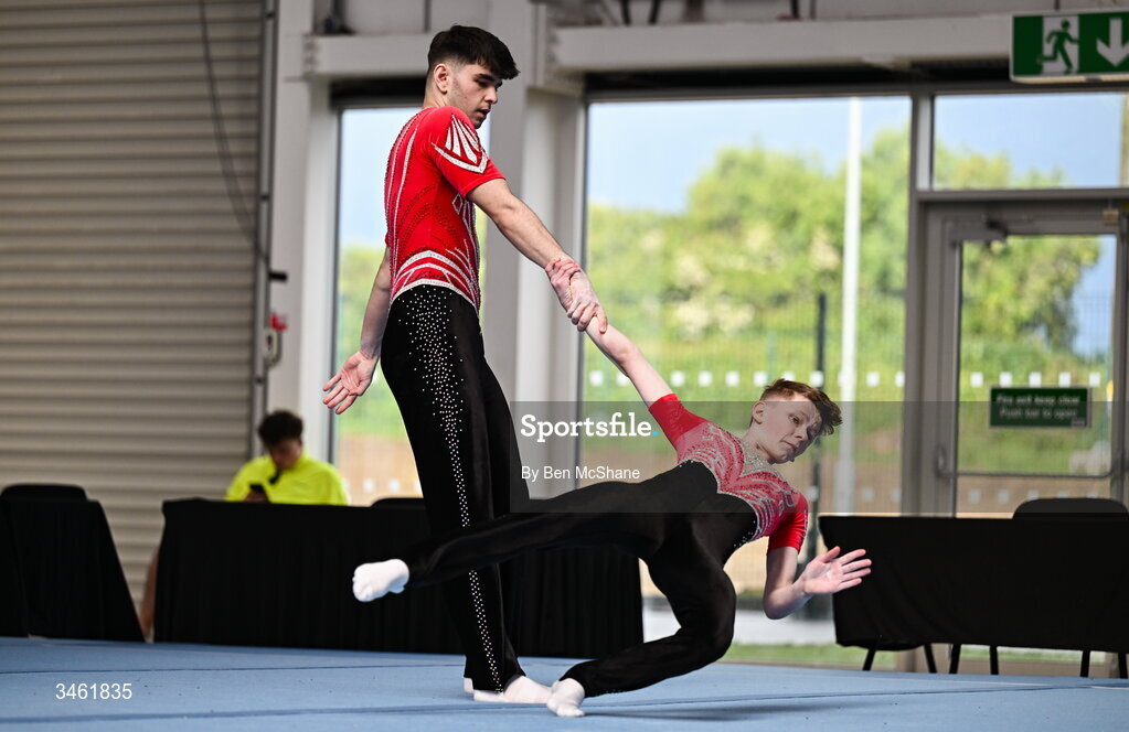 17 May 2026; TJ Fenlon and Aaron Byrne compete in the Artistic Floor event during the Gymnastics Ireland National Series Sport Ireland National Indoor Arena on the Sport Ireland Campus in Dublin. Photo by Ben McShane/Sportsfile