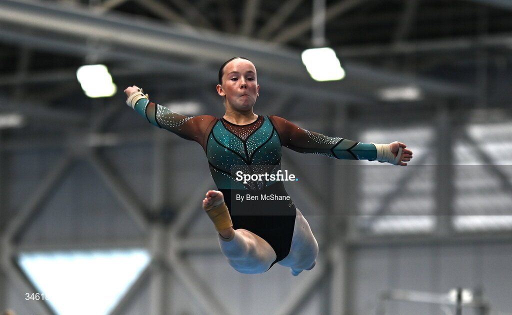 17 May 2026; Ashling Wood of Trojan Gymnastics Club competes in the Floor event during the Gymnastics Ireland National Series Sport Ireland National Indoor Arena on the Sport Ireland Campus in Dublin. Photo by Ben McShane/Sportsfile