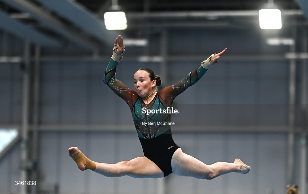 17 May 2026; Ashling Wood of Trojan Gymnastics Club competes in the Floor event during the Gymnastics Ireland National Series Sport Ireland National Indoor Arena on the Sport Ireland Campus in Dublin. Photo by Ben McShane/Sportsfile