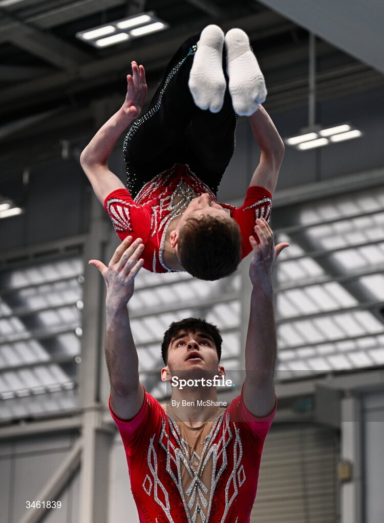 17 May 2026; TJ Fenlon and Aaron Byrne compete in the Artistic Floor event during the Gymnastics Ireland National Series Sport Ireland National Indoor Arena on the Sport Ireland Campus in Dublin. Photo by Ben McShane/Sportsfile