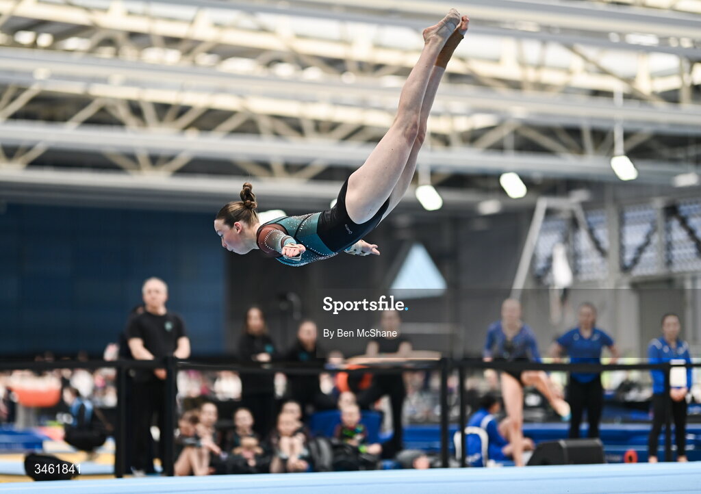 17 May 2026; Ashling Wood of Trojan Gymnastics Club competes in the Floor event during the Gymnastics Ireland National Series Sport Ireland National Indoor Arena on the Sport Ireland Campus in Dublin. Photo by Ben McShane/Sportsfile