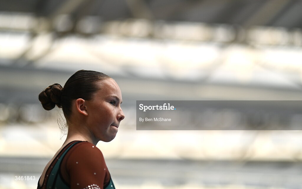 17 May 2026; Ashling Wood of Trojan Gymnastics Club before competing in the Floor event during the Gymnastics Ireland National Series Sport Ireland National Indoor Arena on the Sport Ireland Campus in Dublin. Photo by Ben McShane/Sportsfile