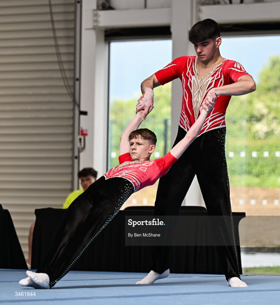 17 May 2026; TJ Fenlon and Aaron Byrne compete in the Artistic Floor event during the Gymnastics Ireland National Series Sport Ireland National Indoor Arena on the Sport Ireland Campus in Dublin. Photo by Ben McShane/Sportsfile