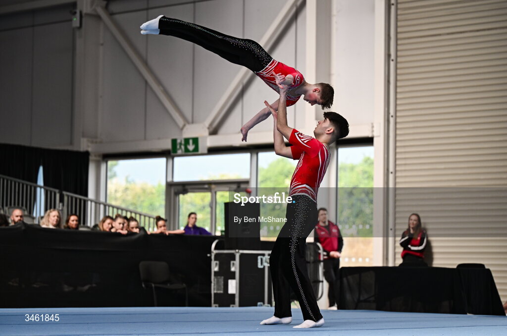 17 May 2026; TJ Fenlon and Aaron Byrne compete in the Artistic Floor event during the Gymnastics Ireland National Series Sport Ireland National Indoor Arena on the Sport Ireland Campus in Dublin. Photo by Ben McShane/Sportsfile