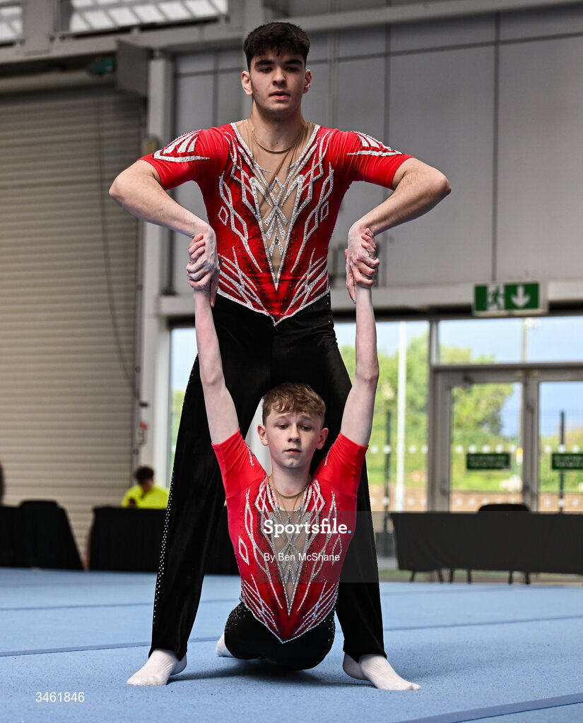 17 May 2026; TJ Fenlon and Aaron Byrne compete in the Artistic Floor event during the Gymnastics Ireland National Series Sport Ireland National Indoor Arena on the Sport Ireland Campus in Dublin. Photo by Ben McShane/Sportsfile