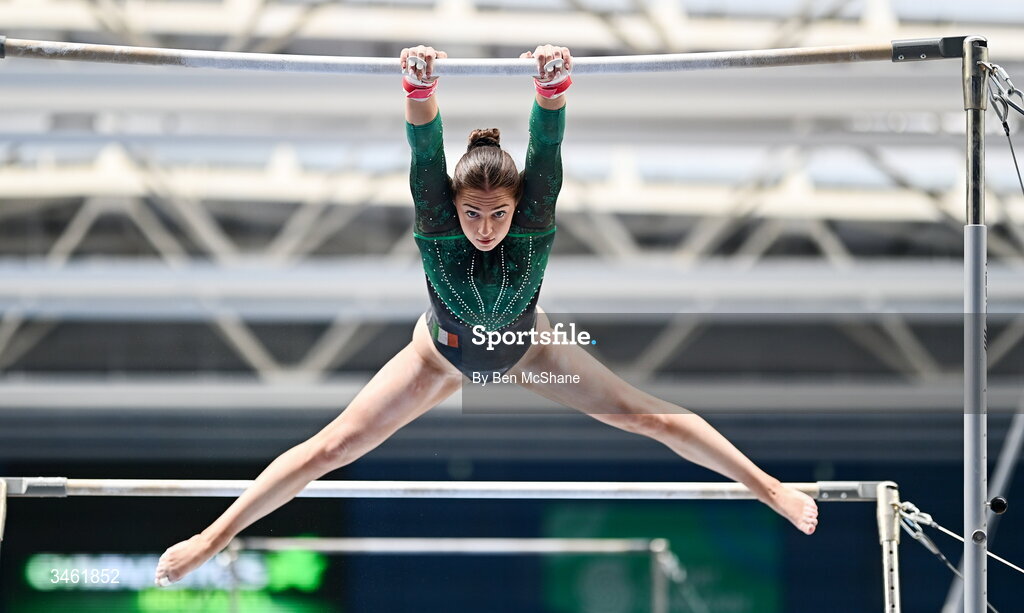17 May 2026; Emma Slevin competes in the Uneven Bars event during the Gymnastics Ireland National Series Sport Ireland National Indoor Arena on the Sport Ireland Campus in Dublin. Photo by Ben McShane/Sportsfile