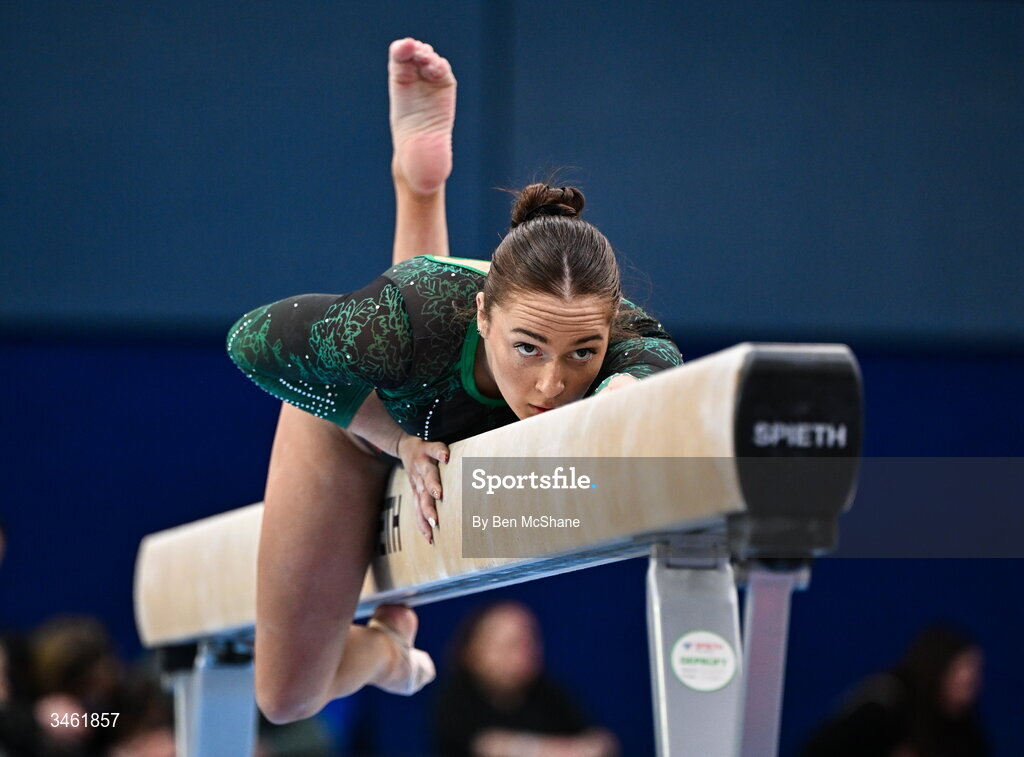17 May 2026; Emma Slevin competes in the Beam event during the Gymnastics Ireland National Series Sport Ireland National Indoor Arena on the Sport Ireland Campus in Dublin. Photo by Ben McShane/Sportsfile