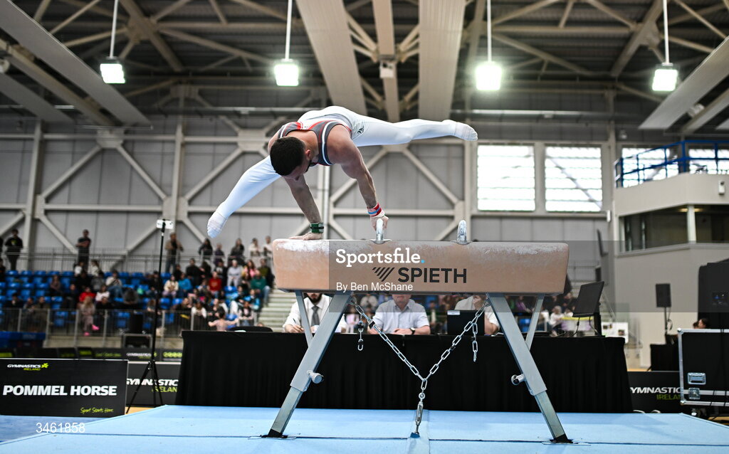 17 May 2026; Dominick Cunningham competes in the Pommel Horse during the Gymnastics Ireland National Series Sport Ireland National Indoor Arena on the Sport Ireland Campus in Dublin. Photo by Ben McShane/Sportsfile