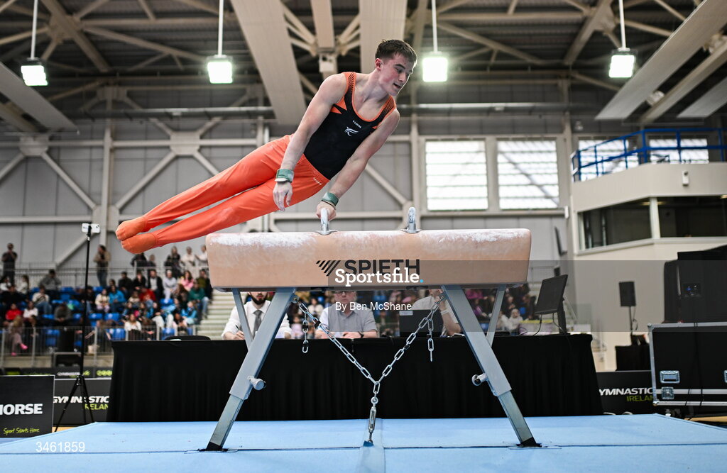 17 May 2026; James Hickey competes in the Pommel Horse event during the Gymnastics Ireland National Series Sport Ireland National Indoor Arena on the Sport Ireland Campus in Dublin. Photo by Ben McShane/Sportsfile