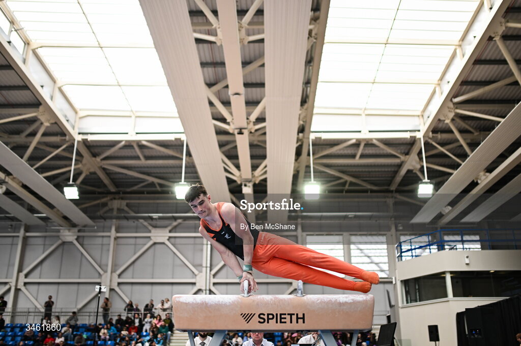 17 May 2026; James Hickey competes in the Pommel Horse event during the Gymnastics Ireland National Series Sport Ireland National Indoor Arena on the Sport Ireland Campus in Dublin. Photo by Ben McShane/Sportsfile