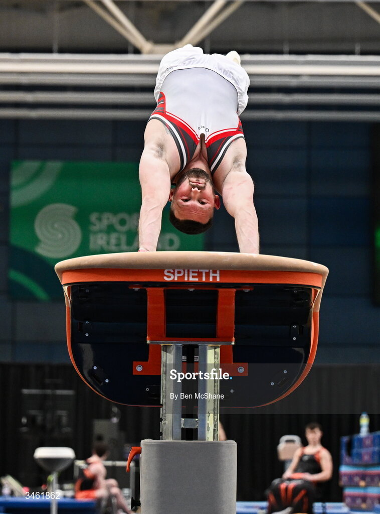 17 May 2026; Dominick Cunningham competes in the Vault event during the Gymnastics Ireland National Series Sport Ireland National Indoor Arena on the Sport Ireland Campus in Dublin. Photo by Ben McShane/Sportsfile