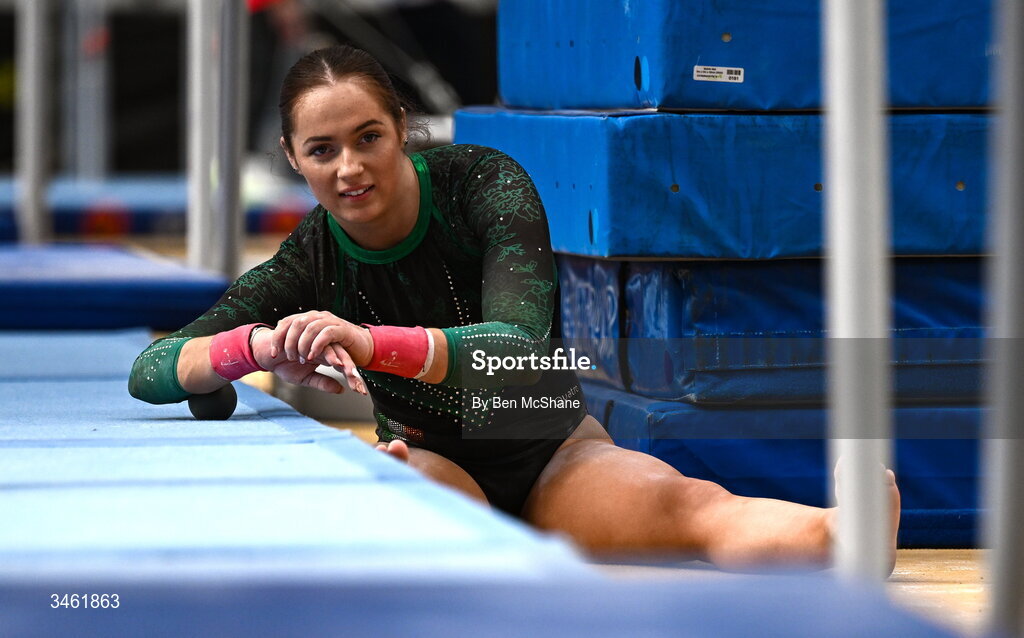 17 May 2026; Emma Slevin prepares to compete in the Uneven Bars event during the Gymnastics Ireland National Series Sport Ireland National Indoor Arena on the Sport Ireland Campus in Dublin. Photo by Ben McShane/Sportsfile