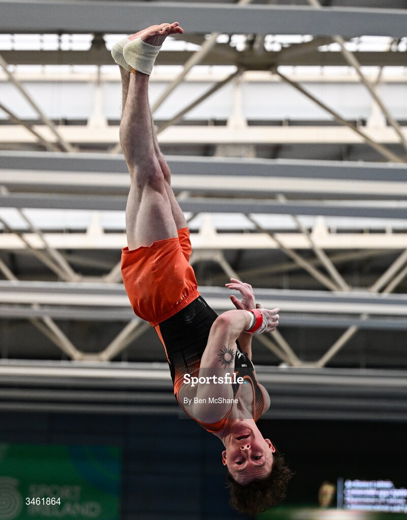 17 May 2026; Oisin O'Donnell competes in the Vault event during the Gymnastics Ireland National Series Sport Ireland National Indoor Arena on the Sport Ireland Campus in Dublin. Photo by Ben McShane/Sportsfile
