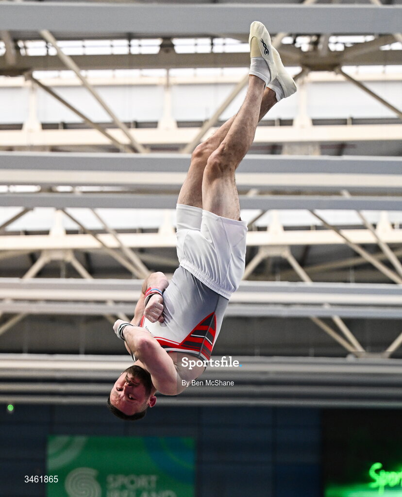 17 May 2026; Dominick Cunningham competes in the Vault event during the Gymnastics Ireland National Series Sport Ireland National Indoor Arena on the Sport Ireland Campus in Dublin. Photo by Ben McShane/Sportsfile