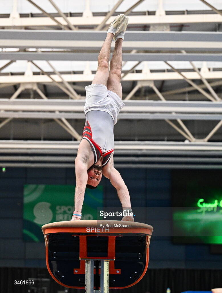 17 May 2026; Dominick Cunningham competes in the Vault event during the Gymnastics Ireland National Series Sport Ireland National Indoor Arena on the Sport Ireland Campus in Dublin. Photo by Ben McShane/Sportsfile