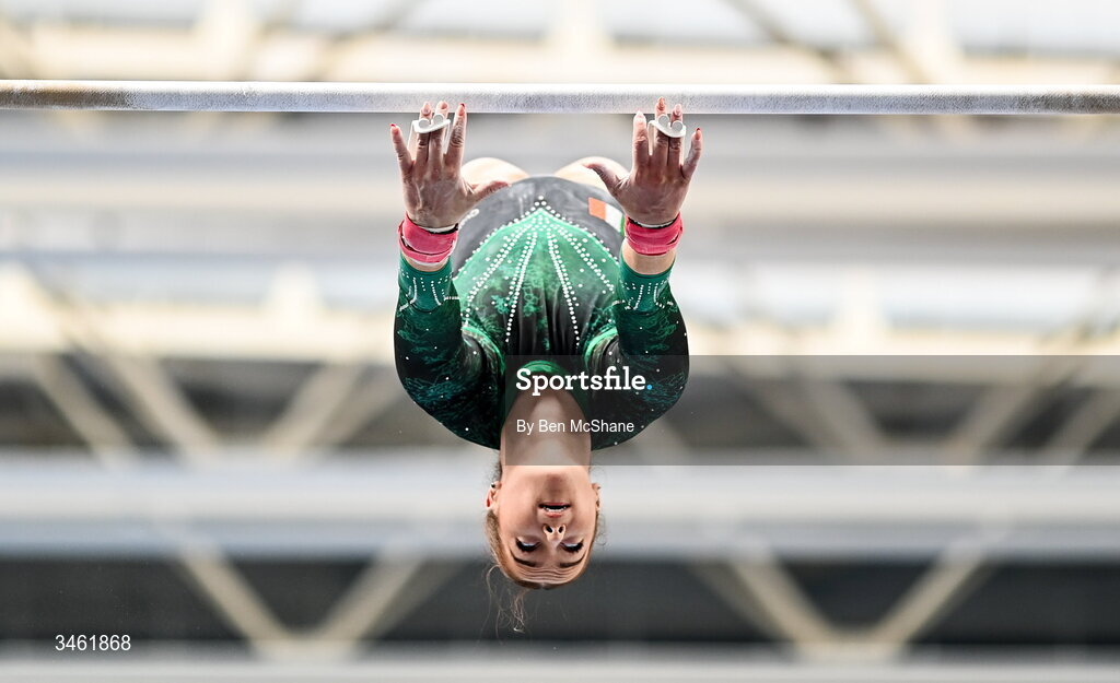 17 May 2026; Emma Slevin competes in the Uneven Bars event during the Gymnastics Ireland National Series Sport Ireland National Indoor Arena on the Sport Ireland Campus in Dublin. Photo by Ben McShane/Sportsfile