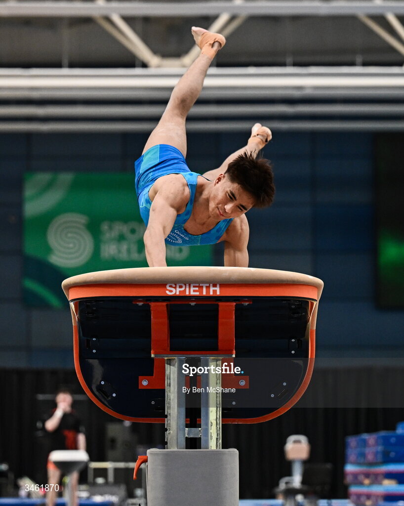 17 May 2026; Chester Henrick Enriquez competes in the Vault event during the Gymnastics Ireland National Series Sport Ireland National Indoor Arena on the Sport Ireland Campus in Dublin. Photo by Ben McShane/Sportsfile