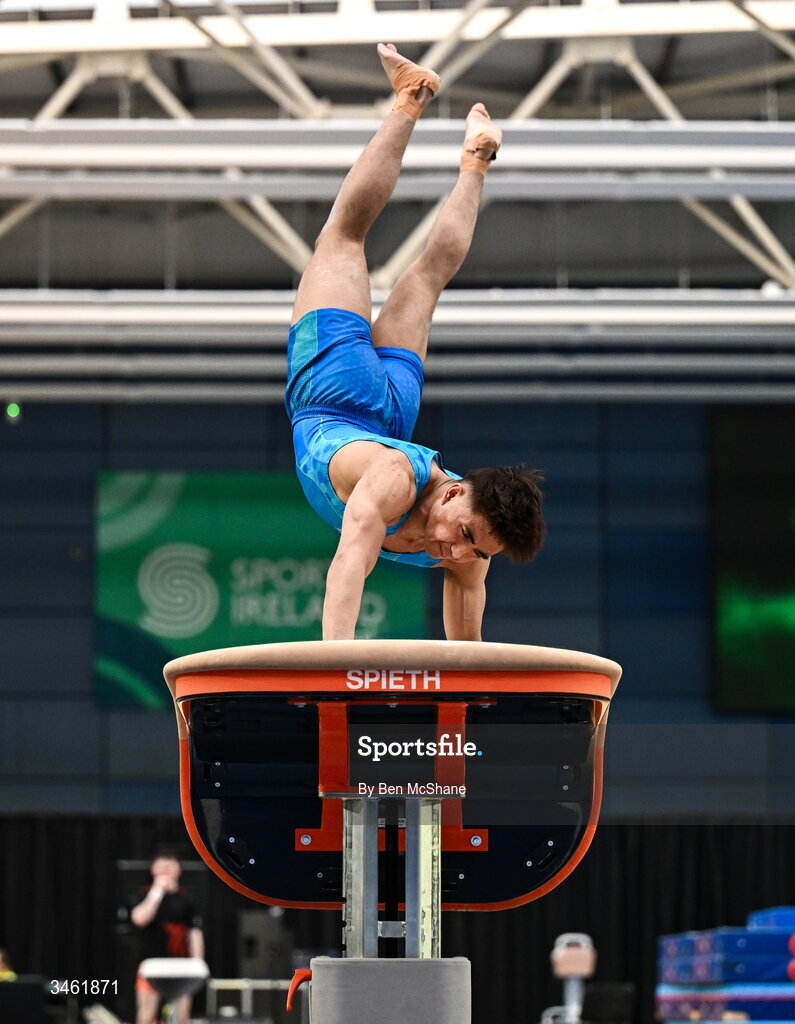 17 May 2026; Chester Henrick Enriquez competes in the Vault event during the Gymnastics Ireland National Series Sport Ireland National Indoor Arena on the Sport Ireland Campus in Dublin. Photo by Ben McShane/Sportsfile