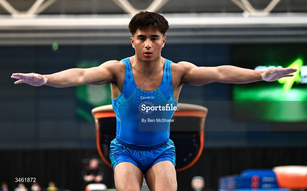 17 May 2026; Chester Henrick Enriquez after competing in the Vault event during the Gymnastics Ireland National Series Sport Ireland National Indoor Arena on the Sport Ireland Campus in Dublin. Photo by Ben McShane/Sportsfile