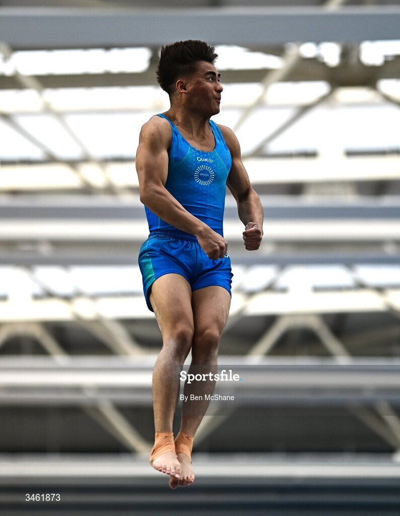 17 May 2026; Chester Henrick Enriquez competes in the Vault event during the Gymnastics Ireland National Series Sport Ireland National Indoor Arena on the Sport Ireland Campus in Dublin. Photo by Ben McShane/Sportsfile