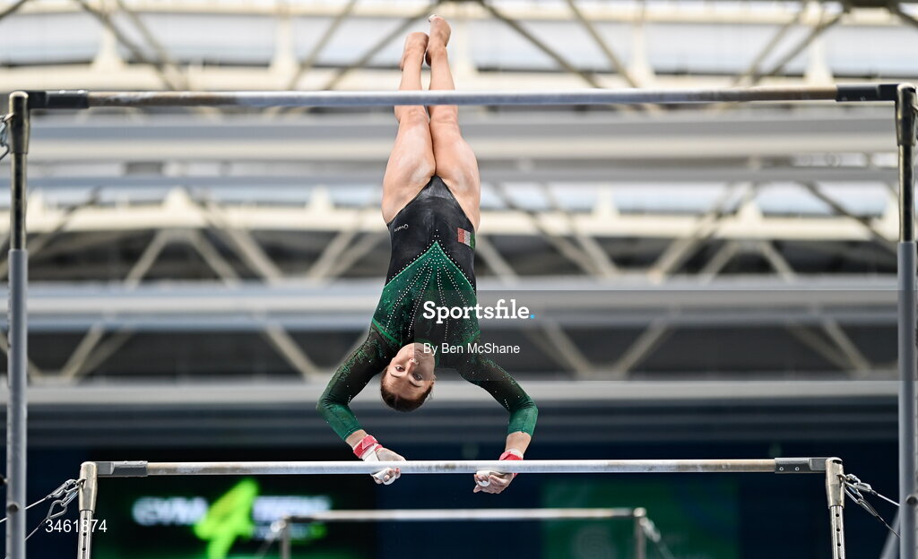 17 May 2026; Emma Slevin competes in the Uneven Bars event during the Gymnastics Ireland National Series Sport Ireland National Indoor Arena on the Sport Ireland Campus in Dublin. Photo by Ben McShane/Sportsfile