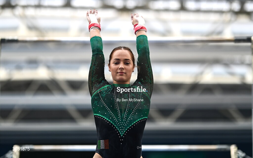 17 May 2026; Emma Slevin competes in the Uneven Bars event during the Gymnastics Ireland National Series Sport Ireland National Indoor Arena on the Sport Ireland Campus in Dublin. Photo by Ben McShane/Sportsfile