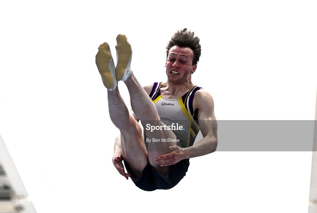 17 May 2026; Liam Talbot competes in the Trampoline event during the Gymnastics Ireland National Series Sport Ireland National Indoor Arena on the Sport Ireland Campus in Dublin. Photo by Ben McShane/Sportsfile