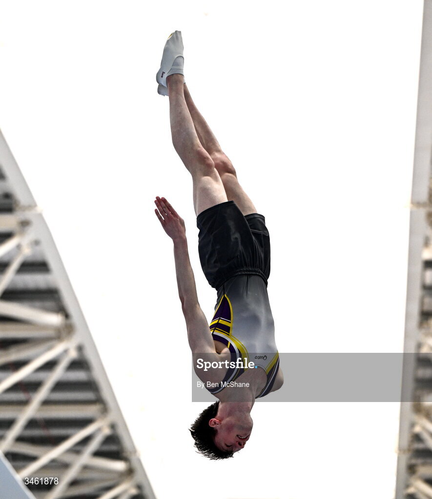 17 May 2026; Liam Talbot competes in the Trampoline event during the Gymnastics Ireland National Series Sport Ireland National Indoor Arena on the Sport Ireland Campus in Dublin. Photo by Ben McShane/Sportsfile