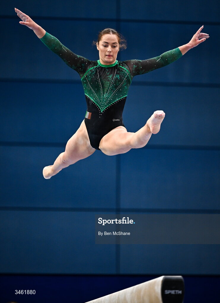 17 May 2026; Emma Slevin competes in the Beam event during the Gymnastics Ireland National Series Sport Ireland National Indoor Arena on the Sport Ireland Campus in Dublin. Photo by Ben McShane/Sportsfile