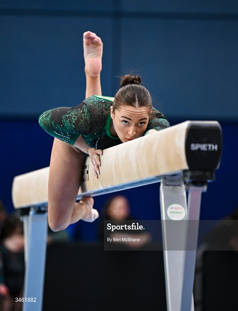 17 May 2026; Emma Slevin competes in the Beam event during the Gymnastics Ireland National Series Sport Ireland National Indoor Arena on the Sport Ireland Campus in Dublin. Photo by Ben McShane/Sportsfile