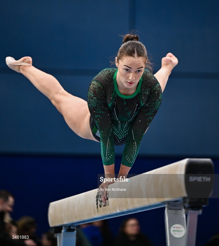 17 May 2026; Emma Slevin competes in the Beam event during the Gymnastics Ireland National Series Sport Ireland National Indoor Arena on the Sport Ireland Campus in Dublin. Photo by Ben McShane/Sportsfile