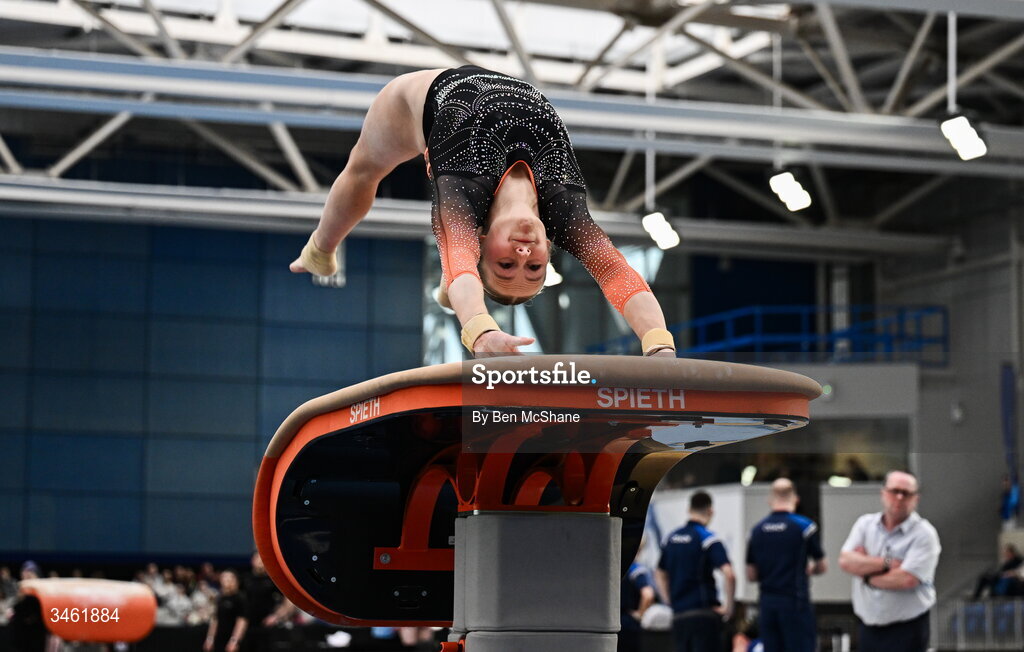 17 May 2026; Blathnaid Higgins competes in the Vault during the Gymnastics Ireland National Series Sport Ireland National Indoor Arena on the Sport Ireland Campus in Dublin. Photo by Ben McShane/Sportsfile