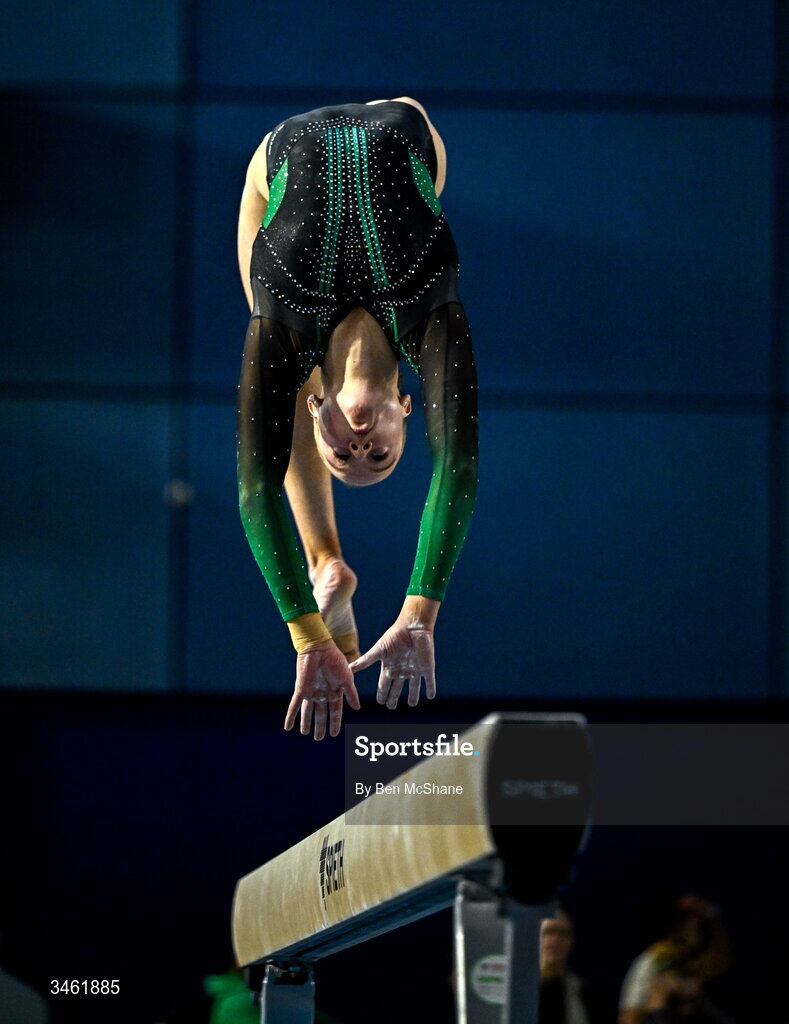17 May 2026; Mimi Moloney competes in the Beam event during the Gymnastics Ireland National Series Sport Ireland National Indoor Arena on the Sport Ireland Campus in Dublin. Photo by Ben McShane/Sportsfile