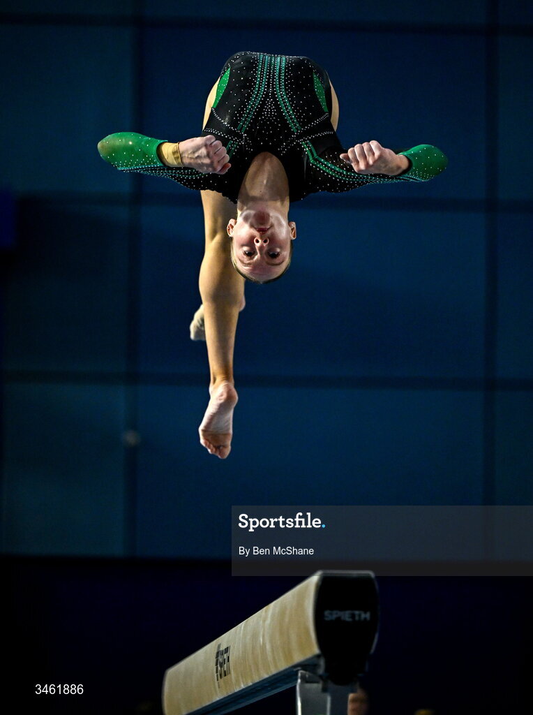 17 May 2026; Mimi Moloney competes in the Beam event during the Gymnastics Ireland National Series Sport Ireland National Indoor Arena on the Sport Ireland Campus in Dublin. Photo by Ben McShane/Sportsfile