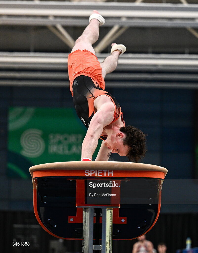 17 May 2026; Oisin O'Donnell competes in the Vault event during the Gymnastics Ireland National Series Sport Ireland National Indoor Arena on the Sport Ireland Campus in Dublin. Photo by Ben McShane/Sportsfile