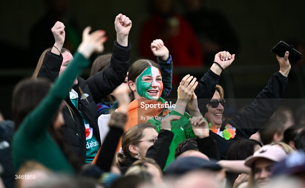 17 May 2026; Ireland supporters during the Women's 6 Nations Rugby Championship match between Ireland and Scotland at the Aviva Stadium in Dublin. Photo by Seb Daly/Sportsfile